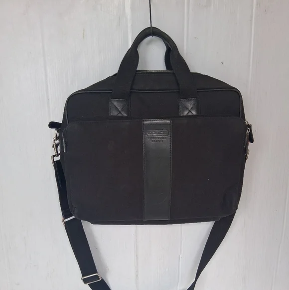 Coach Canvas & Leather Crossbody Laptop Bag Black - Picture 7 of 8